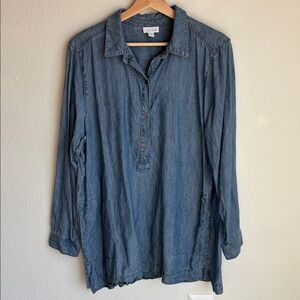 J. JILL Chambray Long Sleeve Popover Collared  Linen Blend Tunic  Large